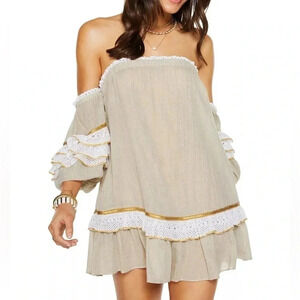 Ramy Brook Beige Off-Shoulder Ruffle Dress with White Lace & Gold Trim